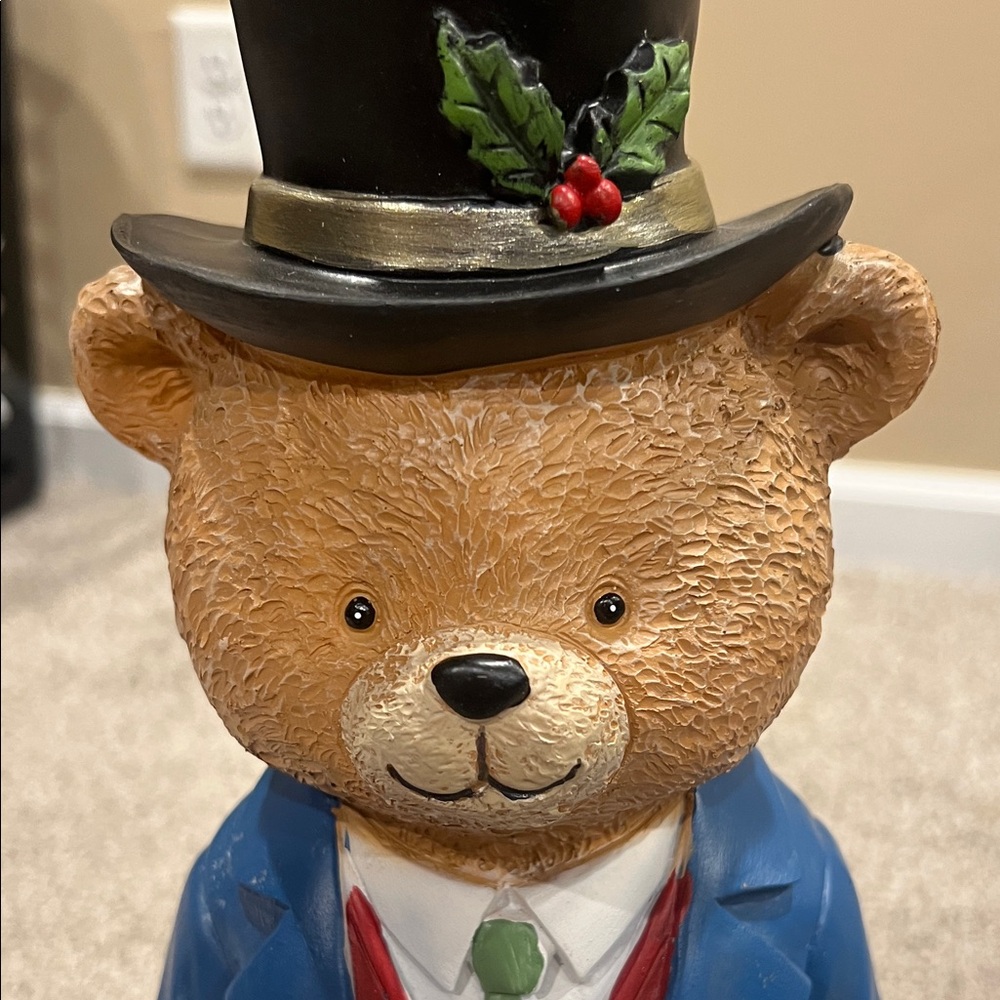 New Viral Tjmaxx Festive Bear Figurine with Gift Black Top Hat - Picture 4 of 17
